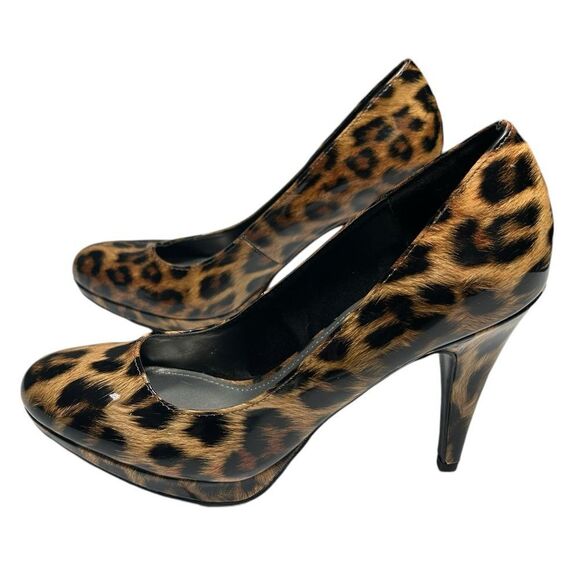Worthington Leopard Print High Heels Closed Almond Toe Shiny Cheetah Print Pumps - Picture 8 of 12